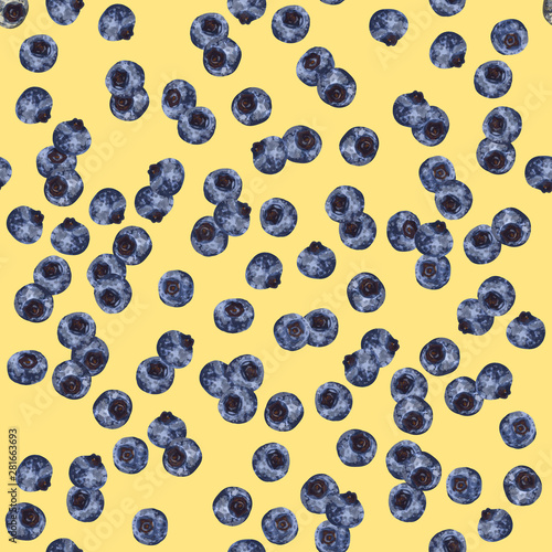 Vector seamless pattern with hand-drawn realistic blueberry, like paints, juicy colors, appetizing looks, fresh, tasty bilberry , yellow background color. Summer wildlife berries ripe, scattered,tasty