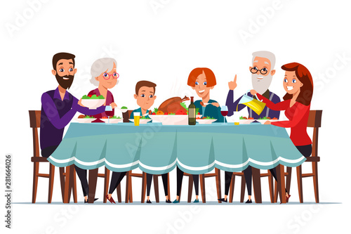 Big family dinner flat vector illustration
