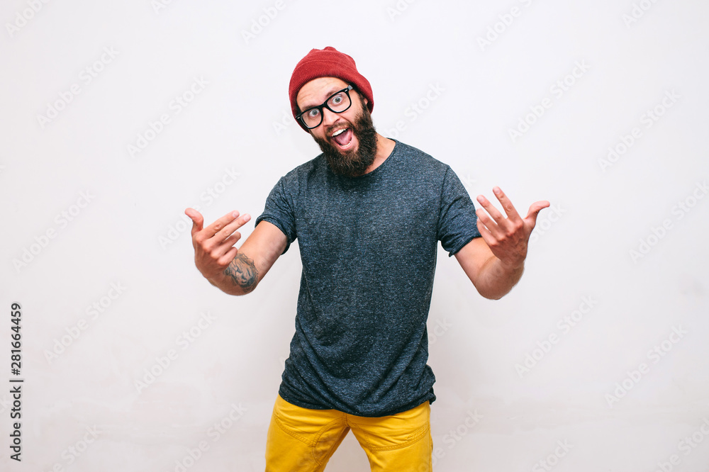 Naklejka premium Crazy hipster guy emotions. Collage in magazine style with happy emotions. Discount, sale, season sales.