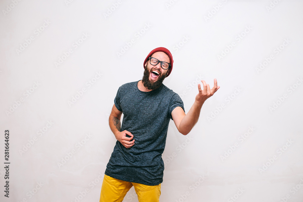 Naklejka premium Crazy hipster guy emotions. Collage in magazine style with happy emotions. Discount, sale, season sales.