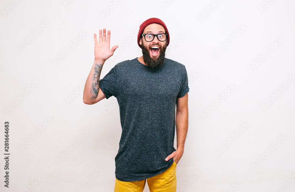 Crazy hipster guy emotions. Collage in magazine style with happy emotions. Discount, sale, season sales.