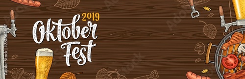 Horizontal Poster to oktoberfest 2019 festival. Vintage color vector engraving