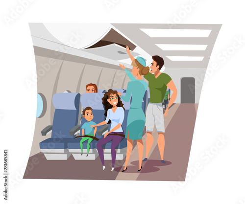 Flight attendant on board flat vector illustration