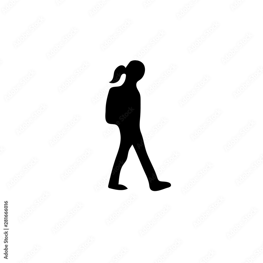 Traveling woman silhouette icon. kid, girl, teenage. sack bag, moving, Simple Flat monochrome icon