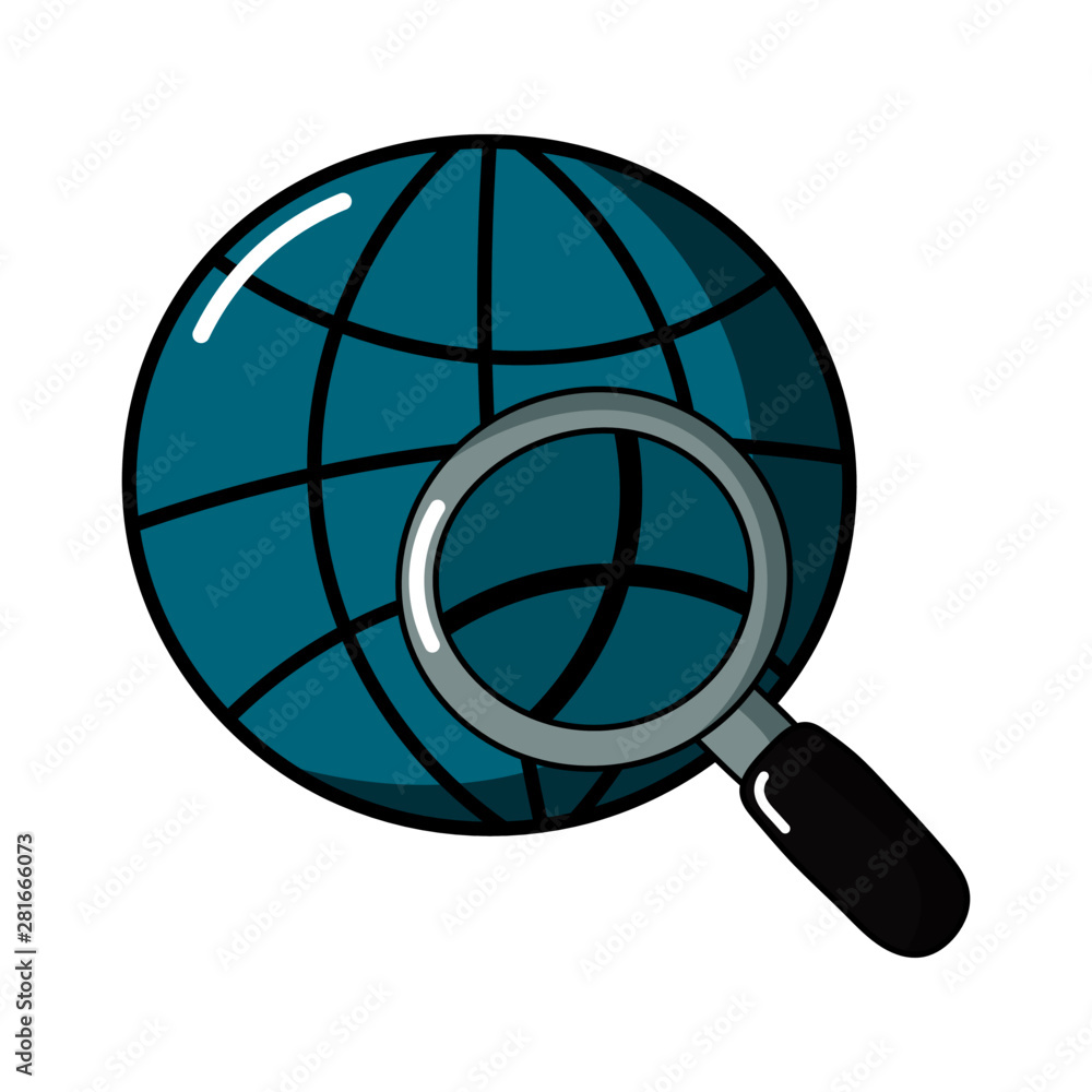 global search concept. magnifying glass and world isolated on white background. vector illustration. global search concept. magnifying glass and world isolated on white background. vector illustration.