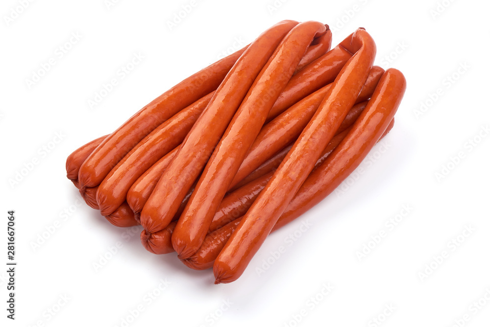 Thin Smoked Pork Sausages, isolated on white background Thin Smoked Pork Sausages, isolated on white background