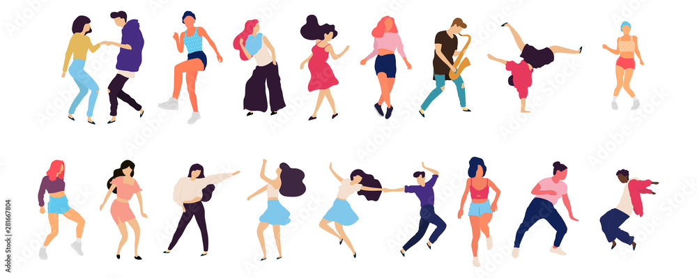 Crowd of young people dancing at club. Big set of characters having fun at party. Flat colorful vector illustration. - Vector Crowd of young people dancing at club. Big set of characters having fun at party. Flat colorful vector illustration. - Vector