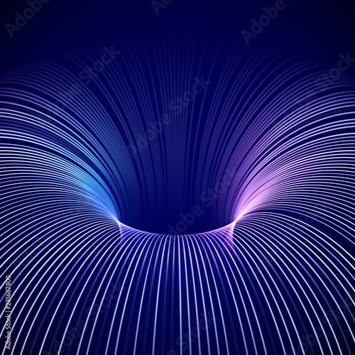 3D abstract background: model of blue thermonuclear fusion. High energy elementary particles flow through a tokamak. Magnetic field, nuclear fusion, future science concept. EPS 10, vector illustration