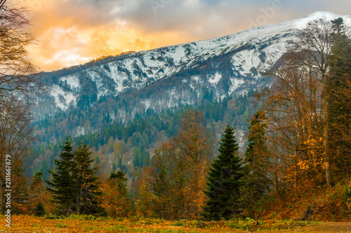 the landscape of the mountains of the North Caucasus are covered with snow and the forests at their base in late fall