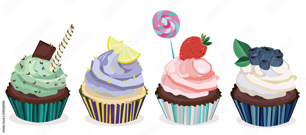 Vector collection,set of beatiful,realistic desserts,cupcakes with cream and fruits. Chocolate and mint cupcake print. Lavanda and lemon cupcake illustration. Strawberry and candy , blueberry cupcake.