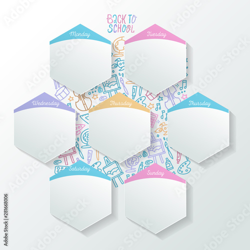 Timetable of day-by-day activities with realistic sheets in hexagon shapes. Conceptual week organizer. For school or university announcements. School plan of lesson schedule template.