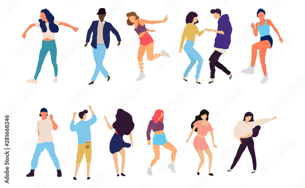 Crowd of young people dancing at club. Big set of characters having fun at party. Flat colorful vector illustration. - Vector