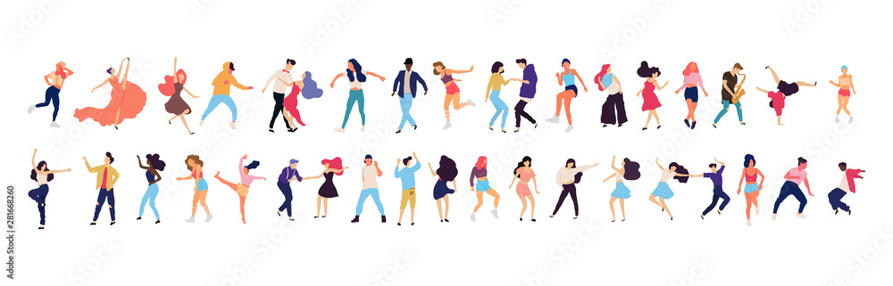 Crowd of young people dancing at club. Big set of characters having fun at party. Flat colorful vector illustration. - Vector Crowd of young people dancing at club. Big set of characters having fun at party. Flat colorful vector illustration. - Vector
