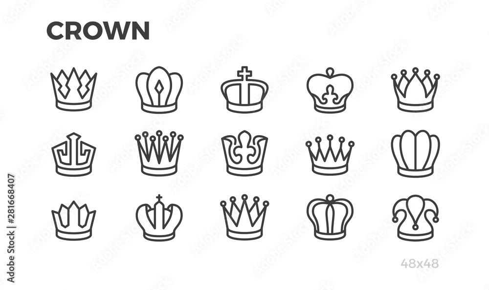 Crown icons. Heraldic symbols of the king and queen. Editable line.