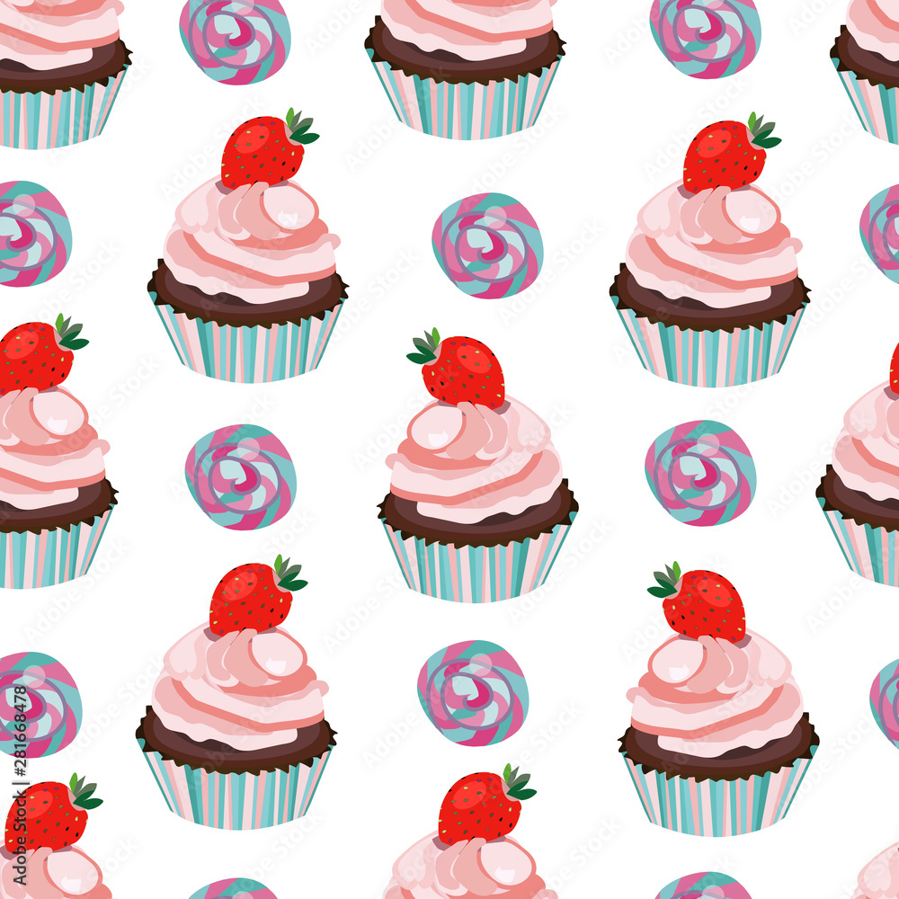 Vector seamless strawberry cupcake, cake, muffin print, pattern,background. Soft pink and blue colors. Vector seamless strawberry cupcake, cake, muffin print, pattern,background. Soft pink and blue colors.