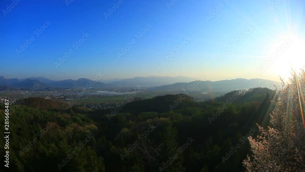 View of cherry blossom trees and valley, Ueda City, Nagano Prefecture View of cherry blossom trees and valley, Ueda City, Nagano Prefecture