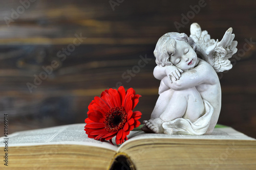 Obraz na plátně Sympathy card with guardian angel sleeping on the book, copy space