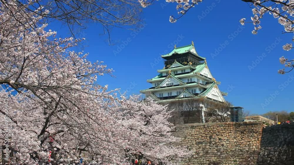Panning shot of Osaka Castle and cherry blossom, Japan Panning shot of Osaka Castle and cherry blossom, Japan