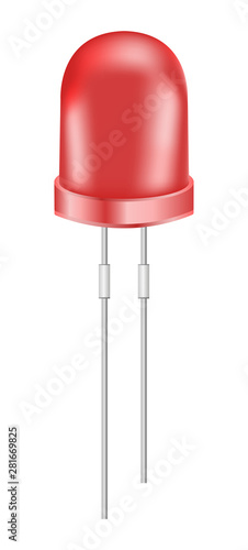 Vector realistic 3d red light and bright emitting diode or small LED light bulb isolated on a white background. Semiconductor diode – electricalcomponent.