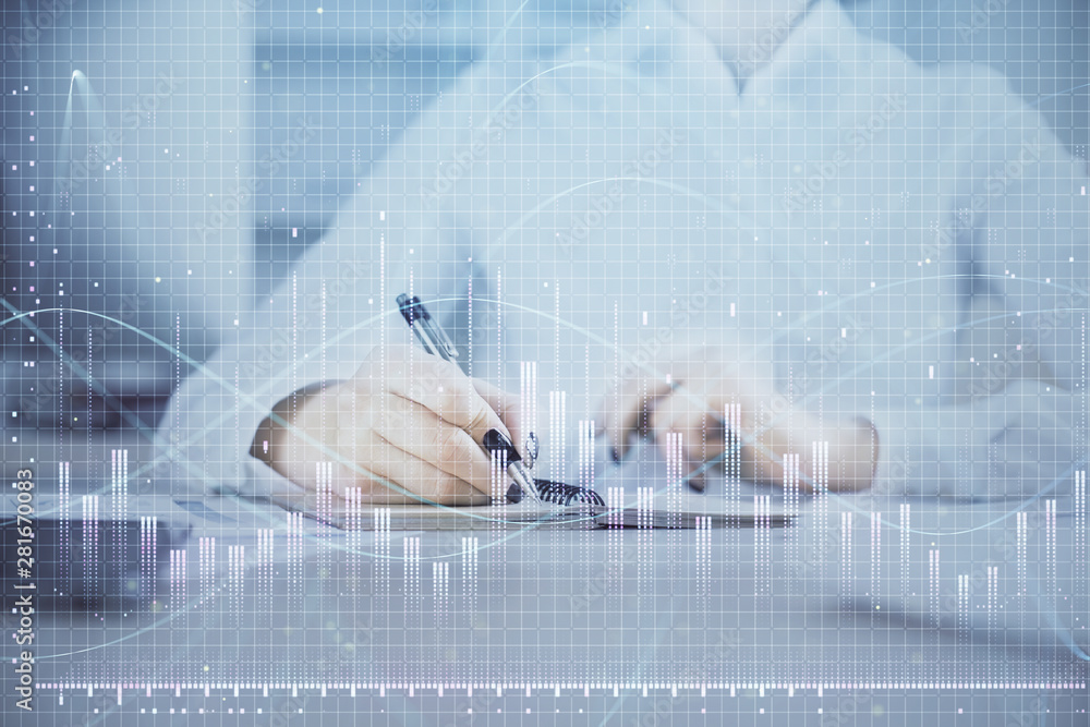 Financial chart drawn over hands taking notes background. Concept of research. Multi exposure Financial chart drawn over hands taking notes background. Concept of research. Multi exposure