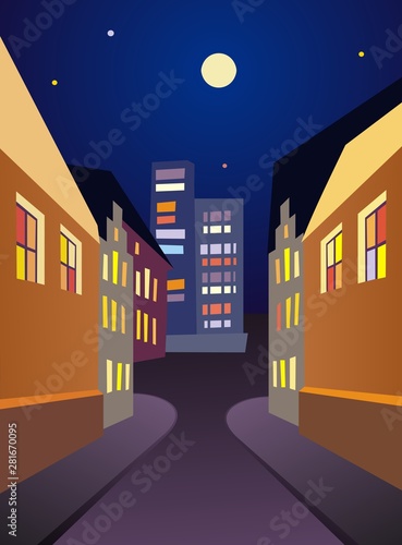 Street scene in the night city with a full moon, nobody outside, but lights in the windows