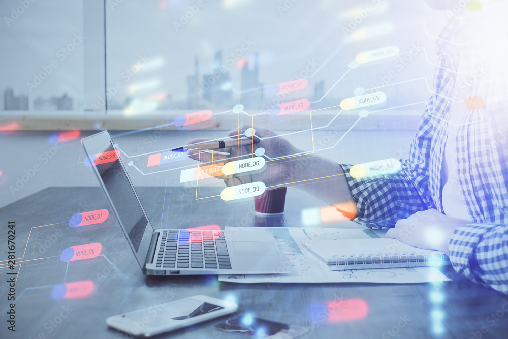 Businessman working on Laptop with technology theme drawing. Concept of big data. Double exposure. Businessman working on Laptop with technology theme drawing. Concept of big data. Double exposure.