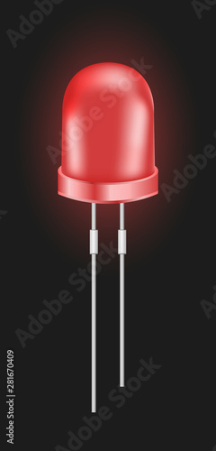 Vector realistic 3d red light and bright emitting diode or small LED light bulb isolated on a black background. Semiconductor diode – electrical component.