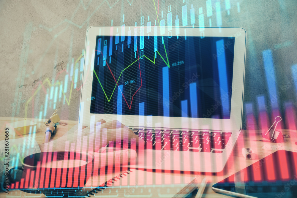 Forex graph with businessman working on laptop on background. Concept of hardworking. Multi exposure. Forex graph with businessman working on laptop on background. Concept of hardworking. Multi exposure.