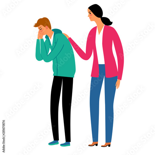 Crying boy teenager and mother supports him.
