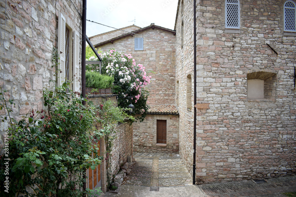 Stradina con fiori nella città medievale italiana di Assisi, Umbria