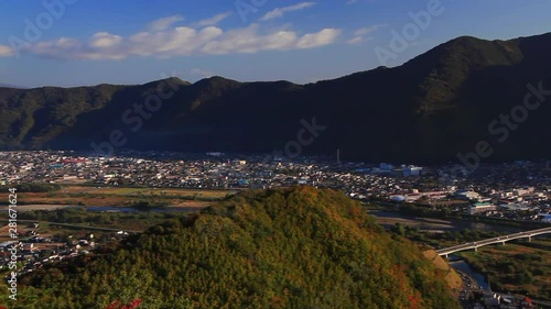 Panning shot of Chikuma city river and Mount Takatsuma,  Japan photo
