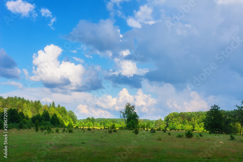 Summer landscape on sunny day. Scenic green nature landscape with clouds on sky