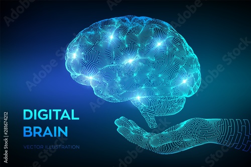 Brain. Digital brain in hand. 3D Science and Technology concept. Neural network. IQ testing, artificial intelligence virtual emulation science technology. Brainstorm think idea. Vector illustration.
