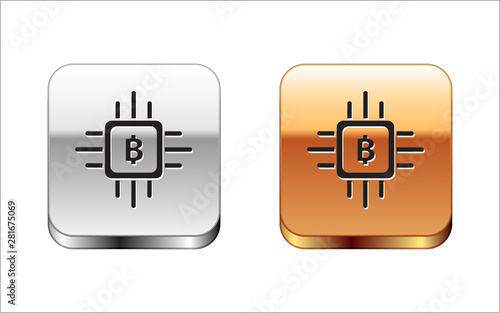 Black CPU mining farm icon isolated on white background. Bitcoin sign inside processor. Cryptocurrency mining community. Digital money. Silver-gold square button. Vector Illustration