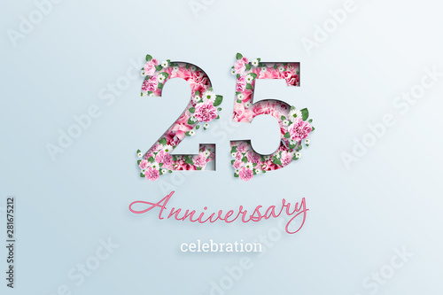 Foto Creative background, the inscription 25 number and anniversary celebration textis flowers, on a light background