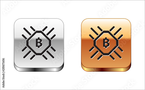 Black CPU mining farm icon isolated on white background. Bitcoin sign inside processor. Cryptocurrency mining community. Digital money. Silver-gold square button. Vector Illustration