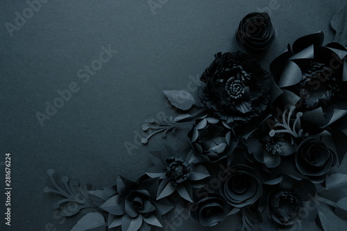 Fotografie, Obraz Black paper flowers on Black background. Cut from paper.