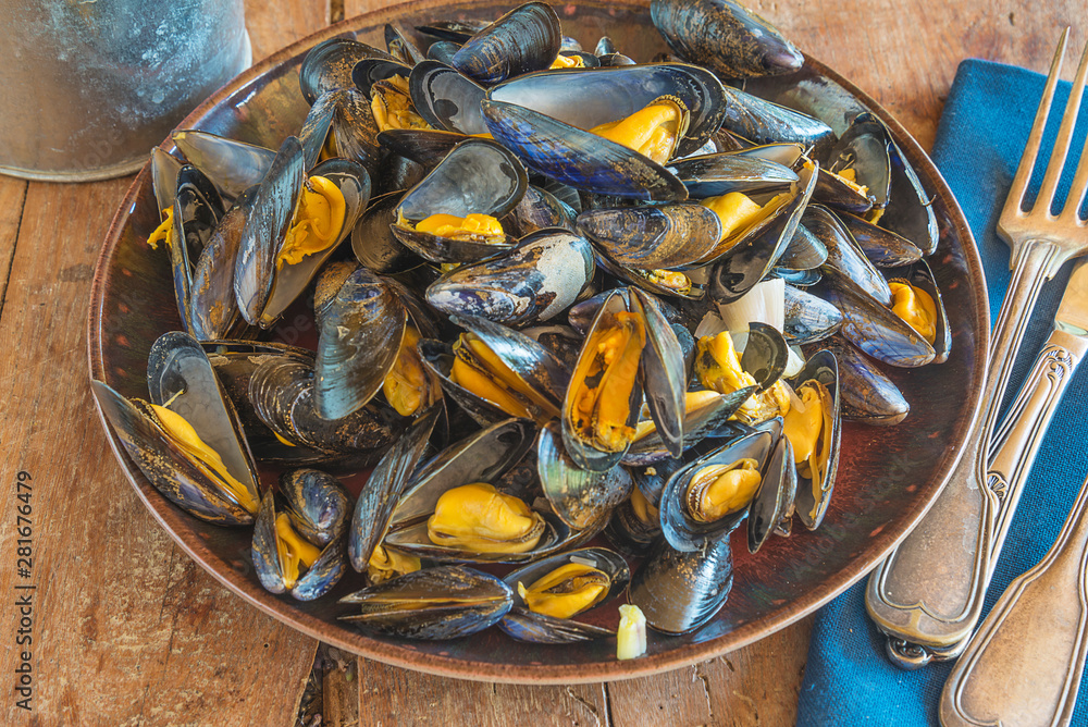 Plate with mussels on the rustic background Plate with mussels on the rustic background
