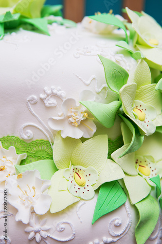 Wedding loaf. A tall beautiful loaf decorated with flowers, designed for a holiday, close-up