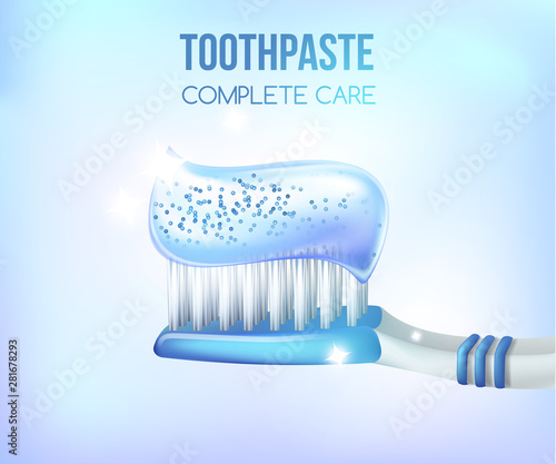 Dental concept.Blue plastic toothbrush with toothpaste.3D, realistic, Dental design element for advertising, brochures, banners and educational literature,vector