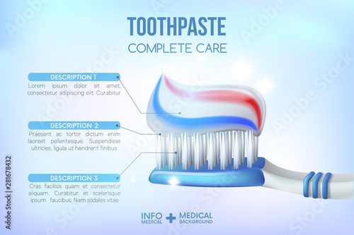 Dental concept infographic.Blue plastic toothbrush with toothpaste.3D, realistic, Dental design element for advertising, brochures, banners and educational literature,vector