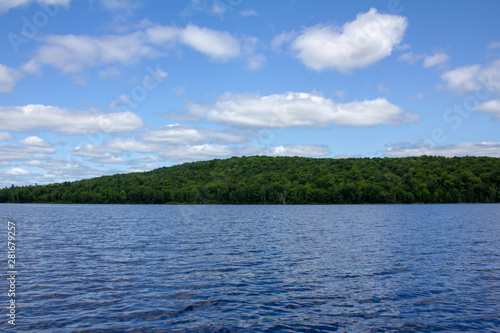 lake in forest with blue sky and clouds