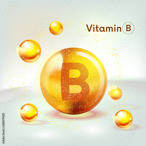 Vitamin B gold shining icon. Ascorbic acid. Shining golden substance drop. Nutrition skin care. Vector.