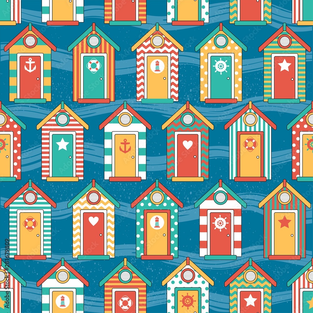 seamless pattern beach huts, children's wallpaper, print on clothes in a marine style