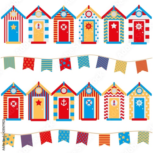 seamless pattern beach huts, children's wallpaper, print on clothes in a marine style