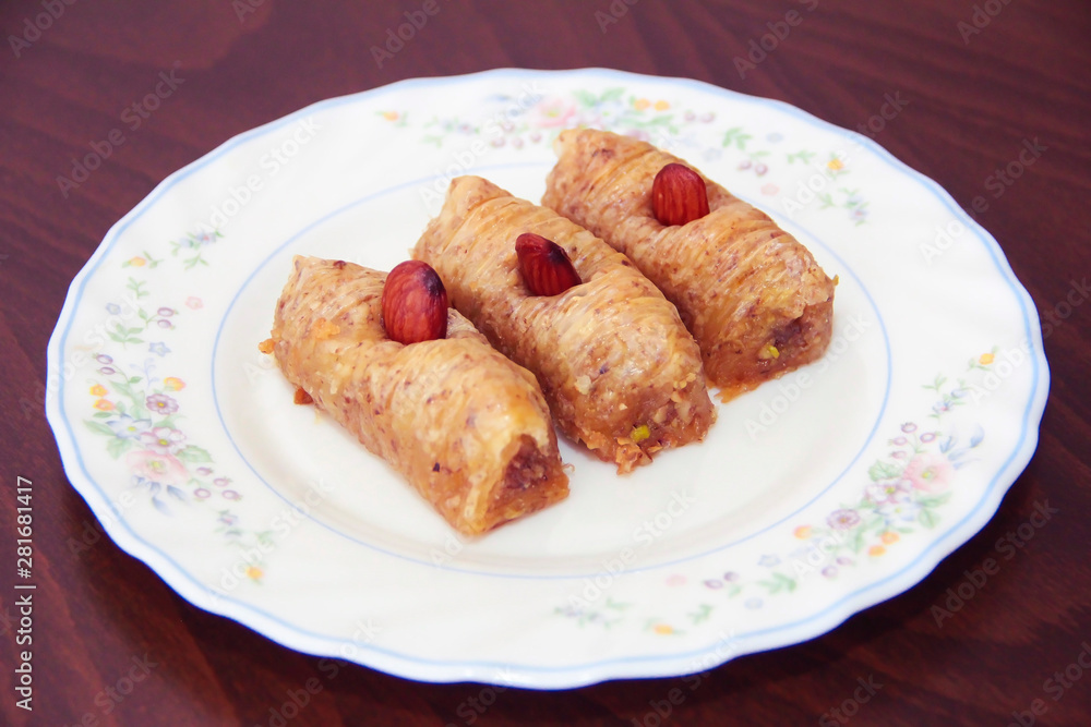 traditional Turkish Arabian oriental sweetness baklava on white plate