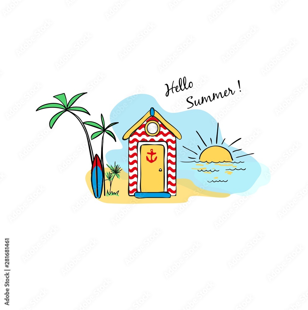vector illustration of a small hut and a palm tree by the sea