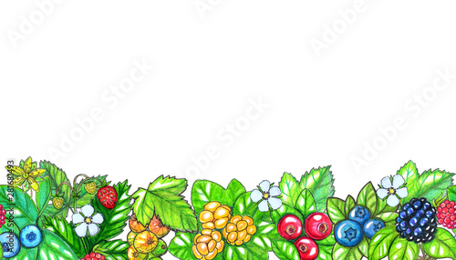 Hand painted watecolor Seamless border with berries and leaves isolated on white background. Perfect for design, textile, cards, washi tapes and other projects