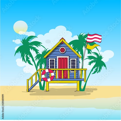 Vector illustration lifeguard station on a beach with green palm and blue sea.