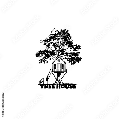 Vector tree-house isolated on white. Hand drawn illustration vector sketch